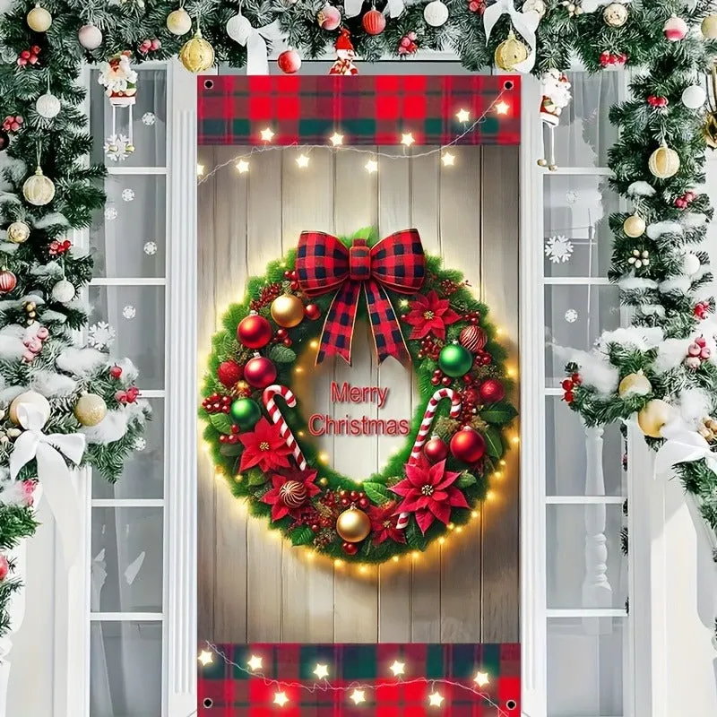 1pc, Festive Christmas Wreath Door Decor, 35.4x70.9 Inches, Polyester, Modern Style, Battery-Free, No Electricity Needed, for Home, Garden, Party, Holiday Outdoor Decoration