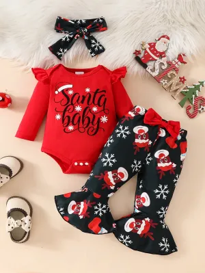 2pcs Baby's THE BABY WHO STOLE CHRISTMAS Print Bodysuit   Hairband   Bow Decor Bell-bottom Pants, Toddler & Infant Girl's Clothing Set, Outdoor Cloth