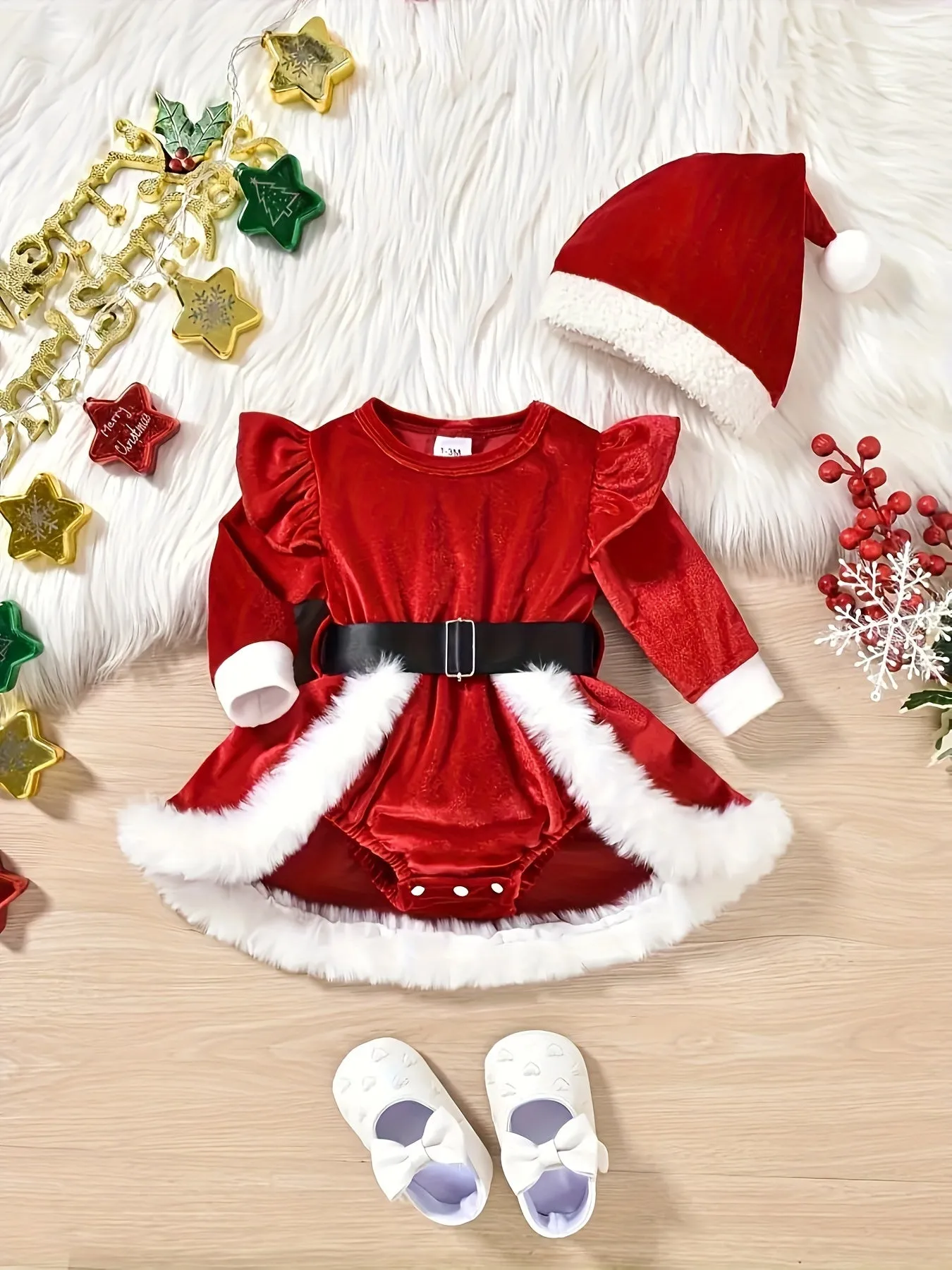 Adorable Christmas Outfit for Baby Girls - Cozy Velvet Romper with Matching Hat & Black Belt Set, Machine Washable, Perfect for Outdoor, for Christmas, Autumn, Spring