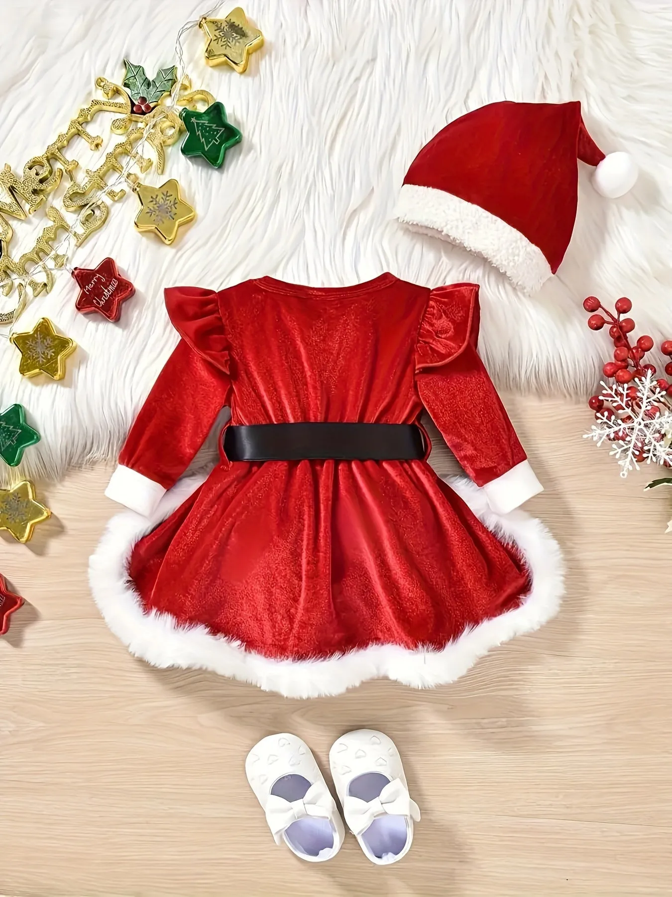 Adorable Christmas Outfit for Baby Girls - Cozy Velvet Romper with Matching Hat & Black Belt Set, Machine Washable, Perfect for Outdoor, for Christmas, Autumn, Spring