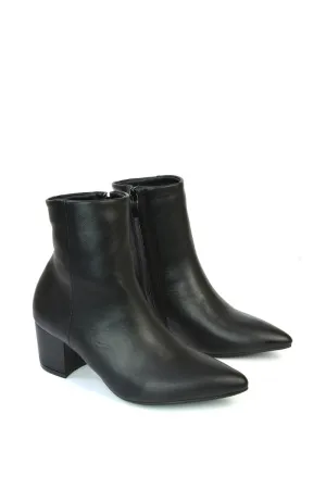 Ayda Pointed Toe inside Zip Detail Low Block Heel Ankle Boots in Black Synthetic Leather