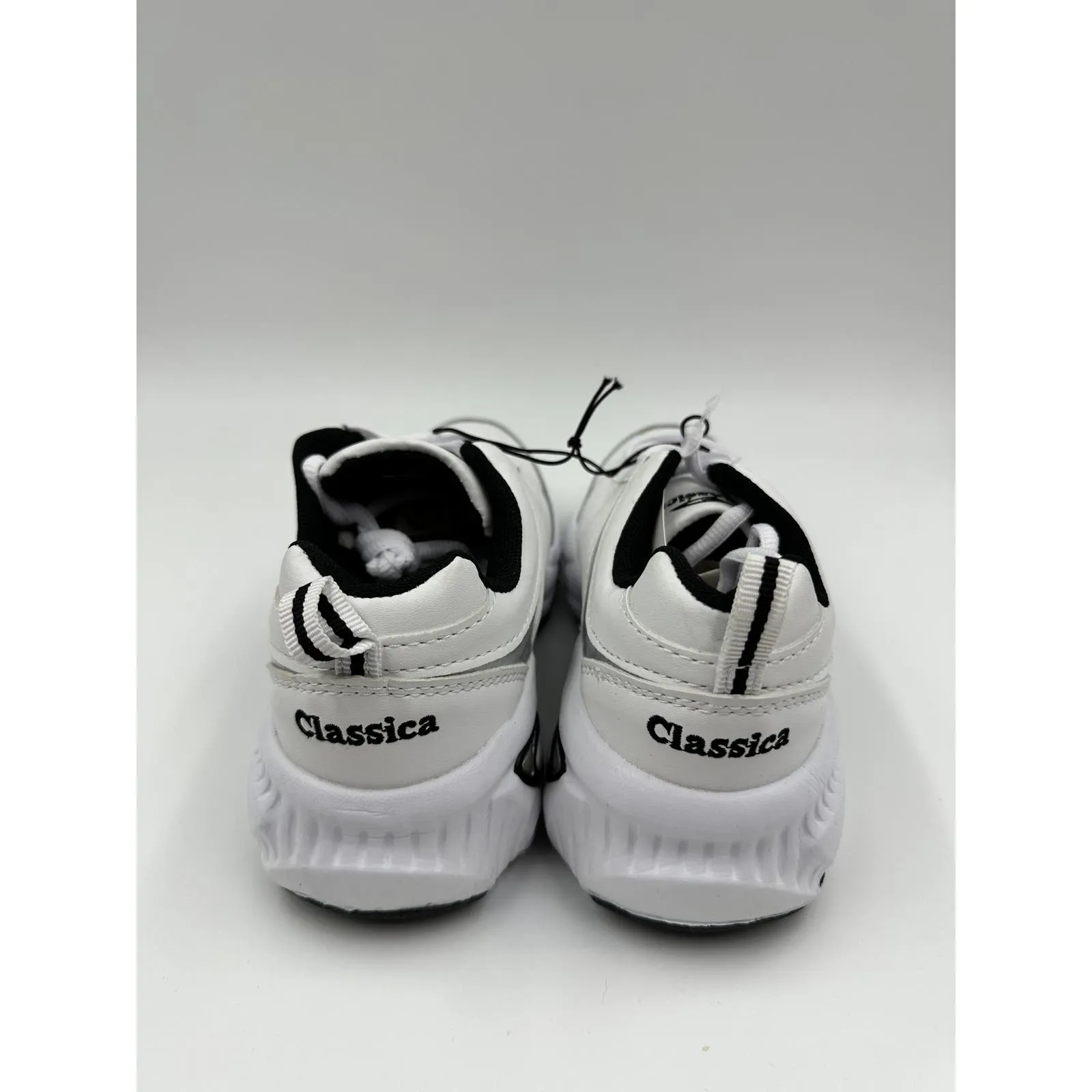 Big Kid Size 2, White Sneaker with Black Trim & Silver Accents