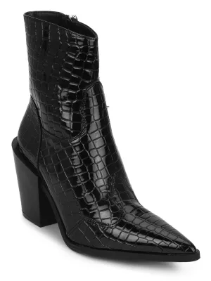 Black Croc Patent Ankle Length Block Heel Boots