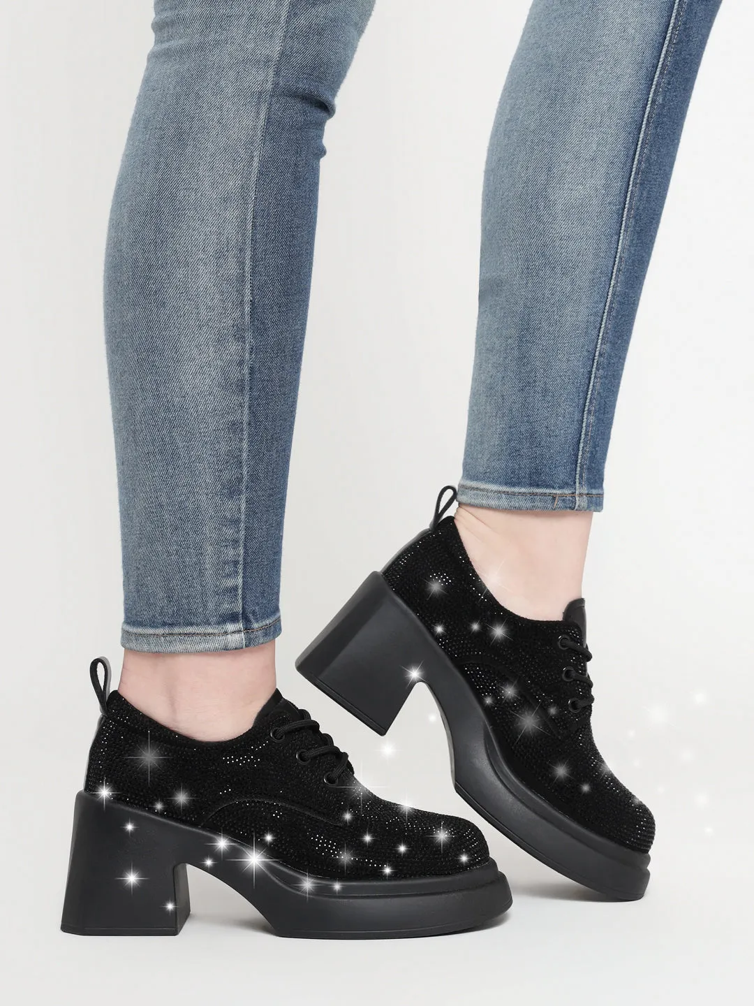 Black Diamante Embellished Lace-Up Sneakers (TC-RS3641-BLK)