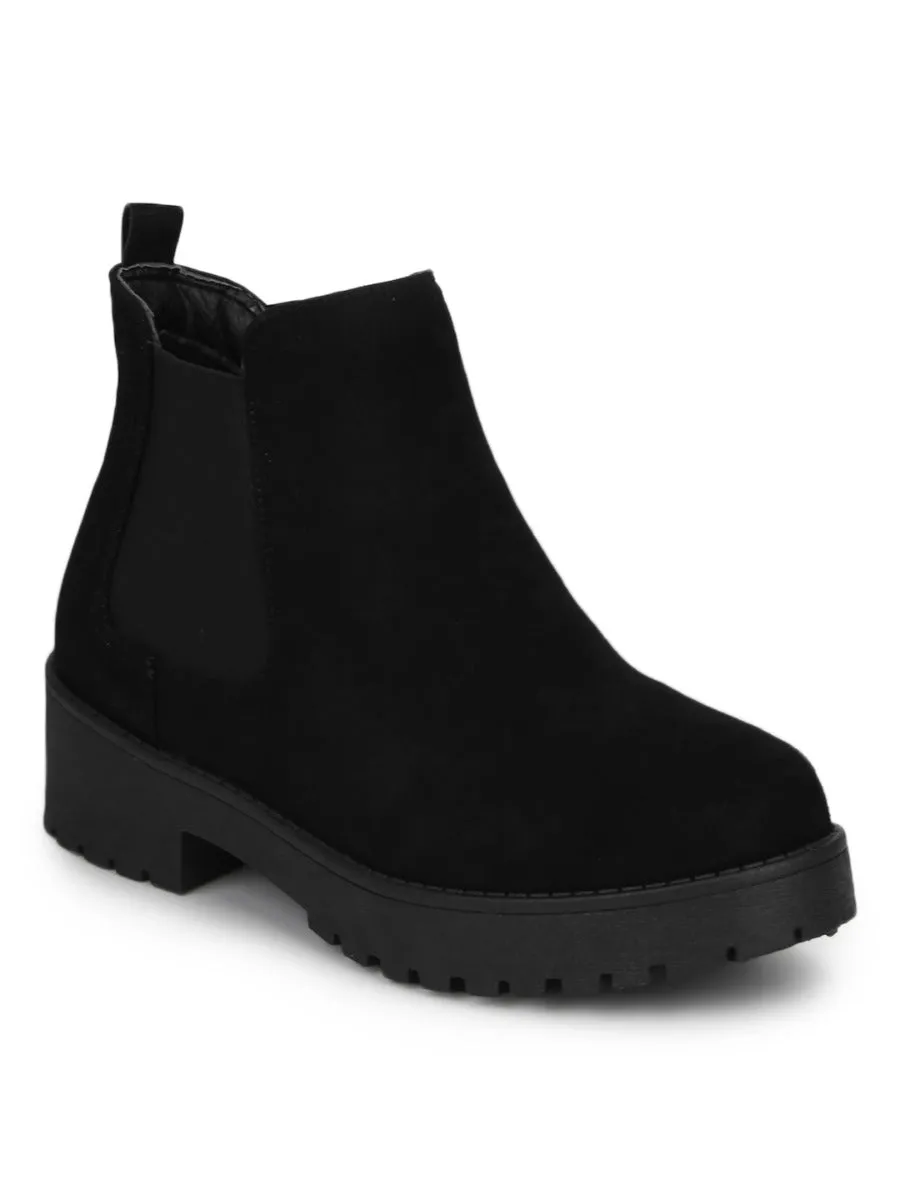 Black Micro Slip On Low Heel Ankle Boots