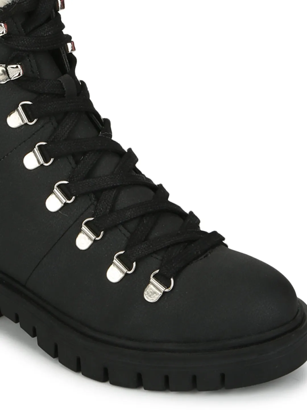 Black Nubuck Lace Up Faux Fur Ankle Boots