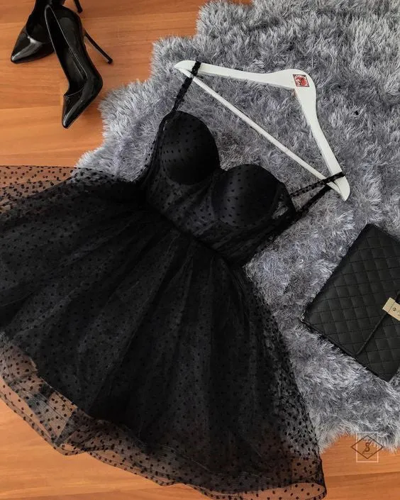 Black Polka Dot Tulle Strapless Corset Short Cocktail Dress