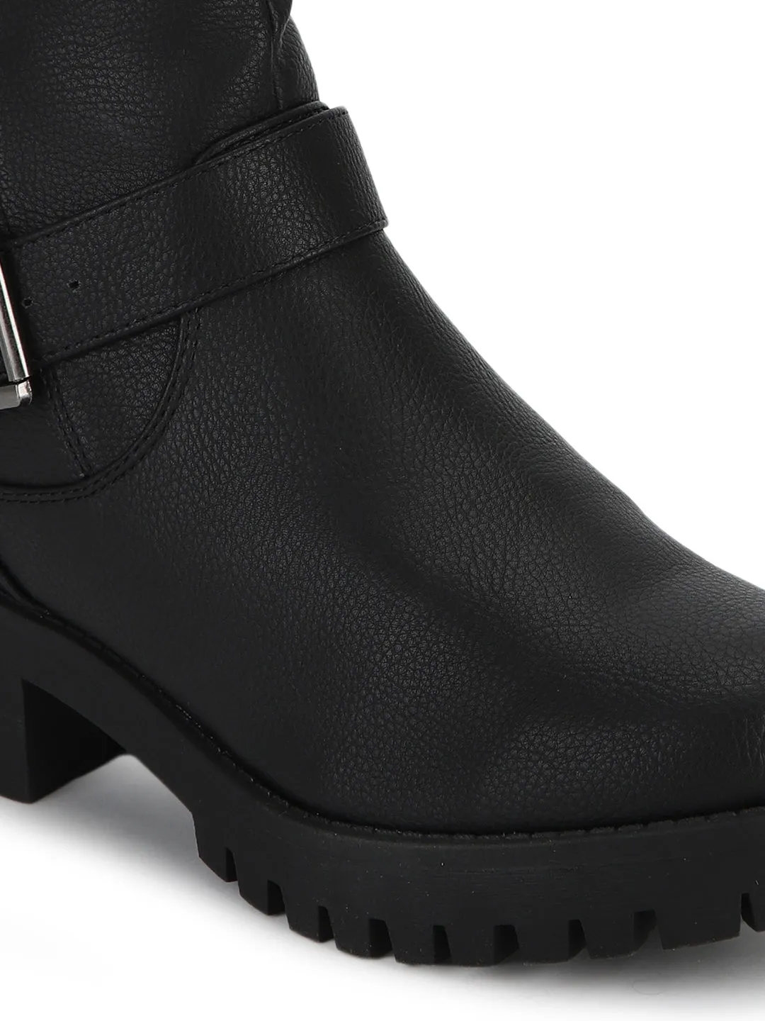 Black PU Double Buckle Low Heel Ankle Boots