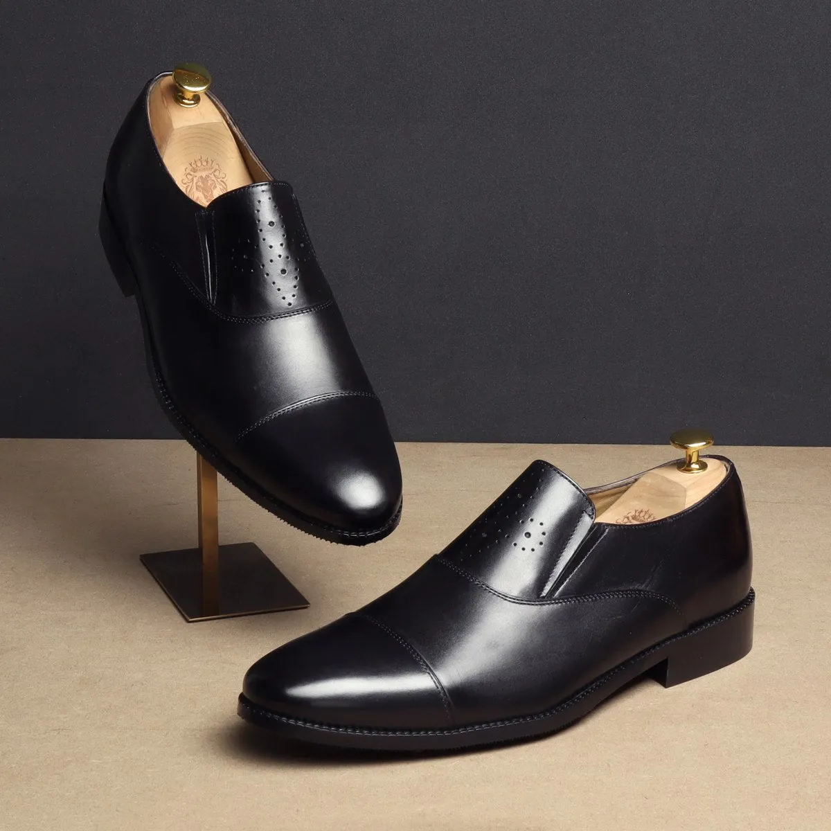 Black Squared Cap Toe Leather Slip-On by Brune & Bareskin