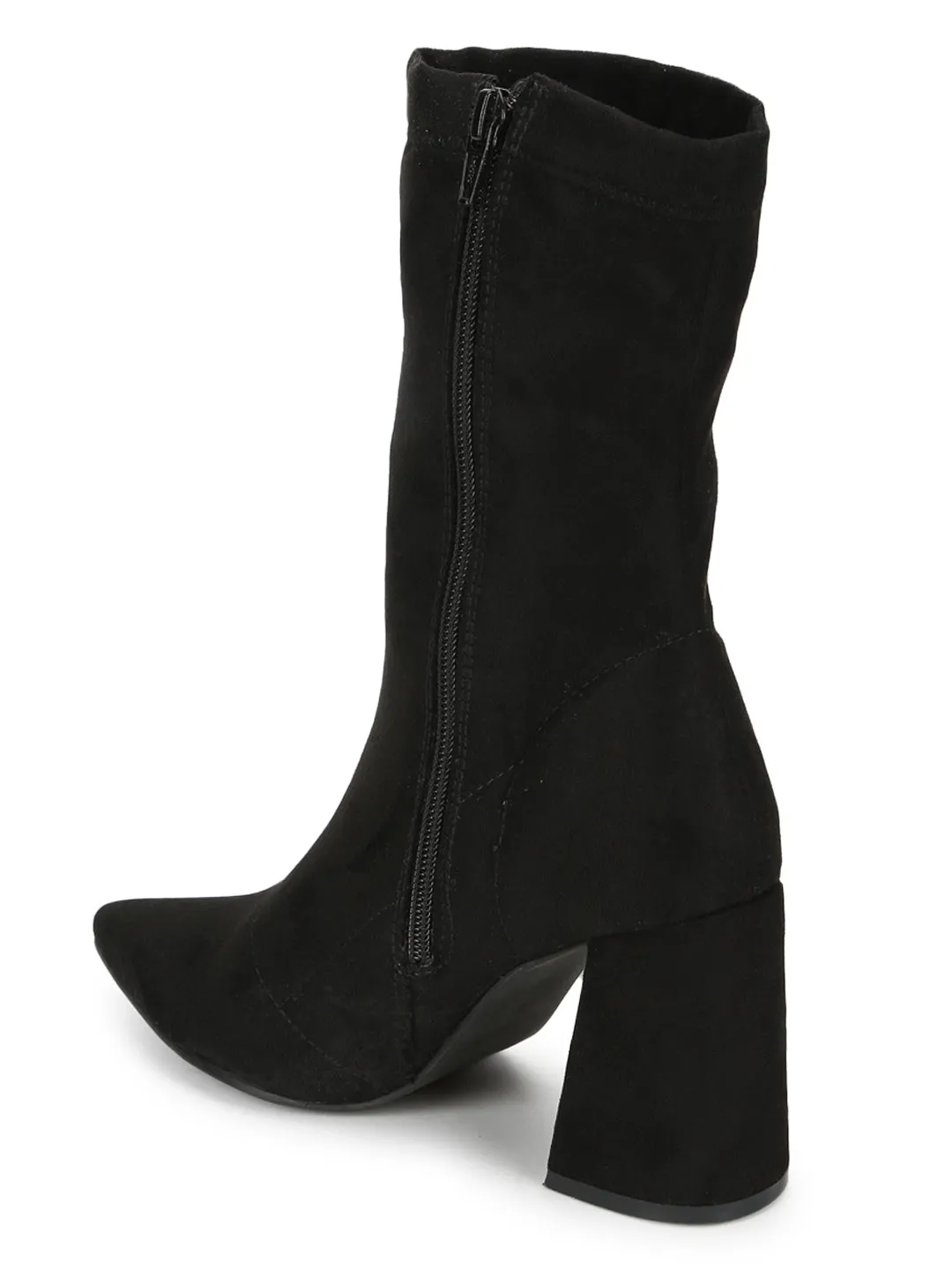 Black Suede Pointed Toe Sock Mid Calf Boots