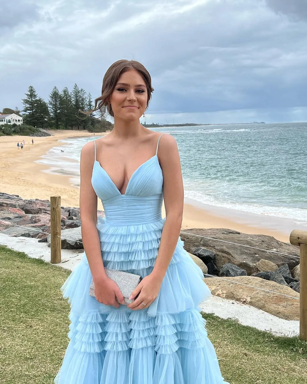 Charming A Line V Neck Light Blue Tulle Long Prom Dresses Formal Gown