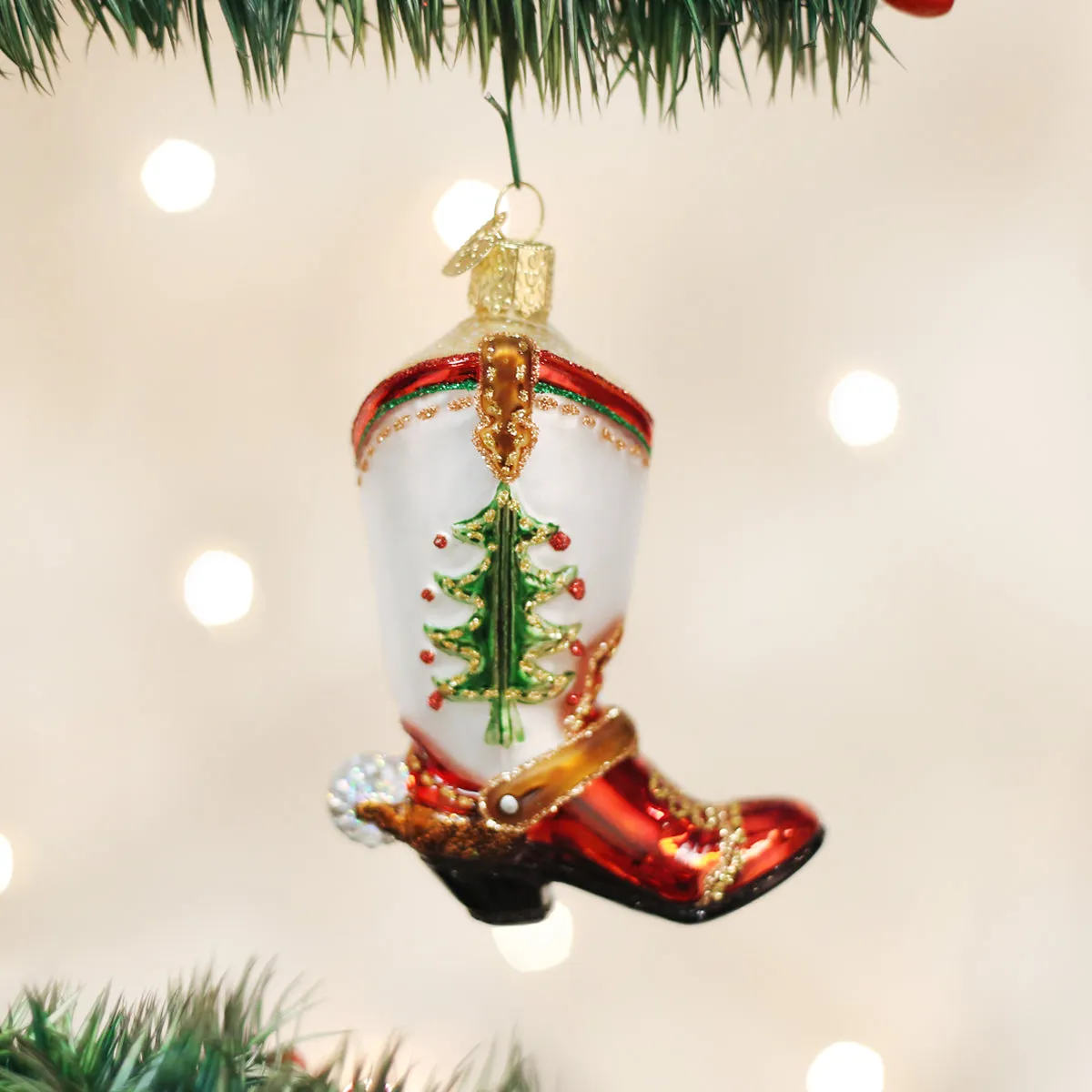 Christmas Cowboy Boot Glass Ornament