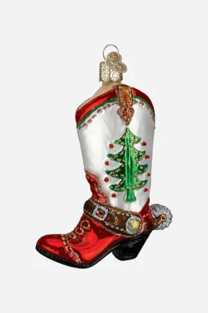 Christmas Cowboy Boot Glass Ornament