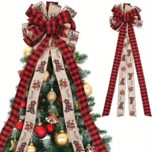 Christmas Tree Topper, Large Christmas Bows Wreath Decoration, Buffalo Plaid Xmas Tree Topper Ornament, Red Xmas Decorative Bow Garland for Indoor Outdoor, Front Door, Merry Party Supplies