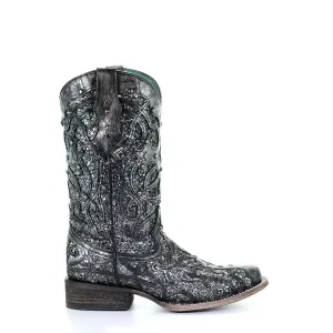 Corral Womens Glittered Inlay Studs Black/Silver Cowhide Cowboy Boots