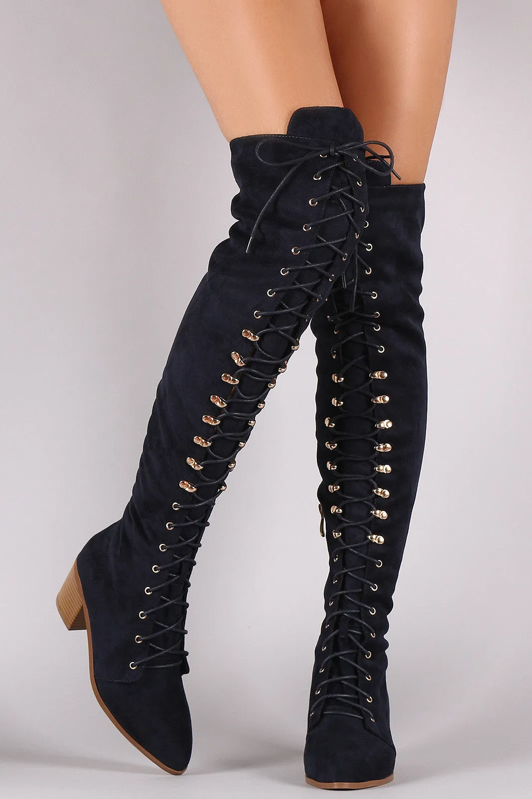 Corset Lace Almond Toe Fitted OTK Boots