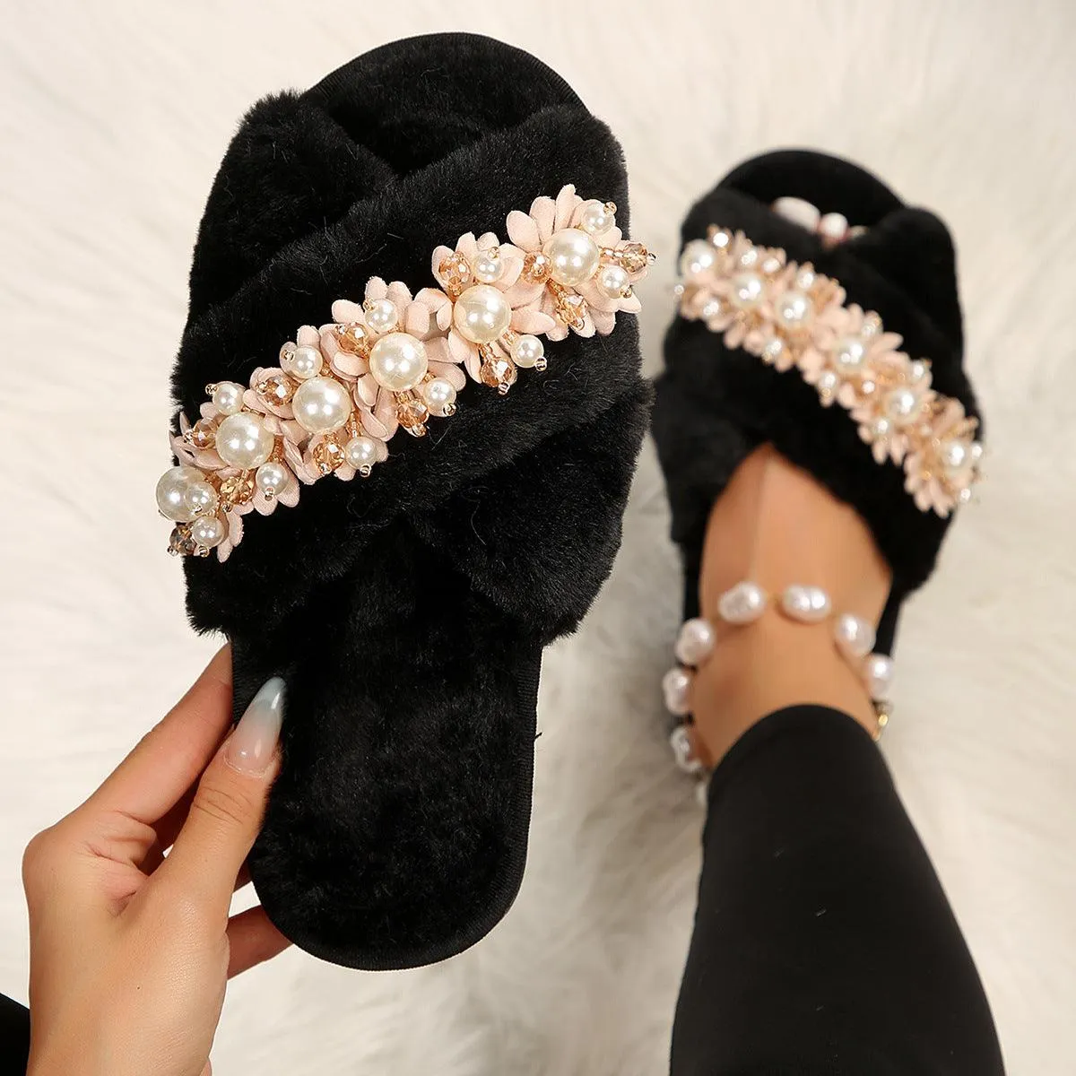 Cross Fur Slipper Pearl Advanced European And American Korean Style Home Plus Size Flowers