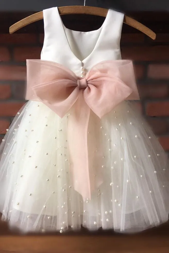 Cute Toddler White Flower Girl Dress with Bowknot Pearl