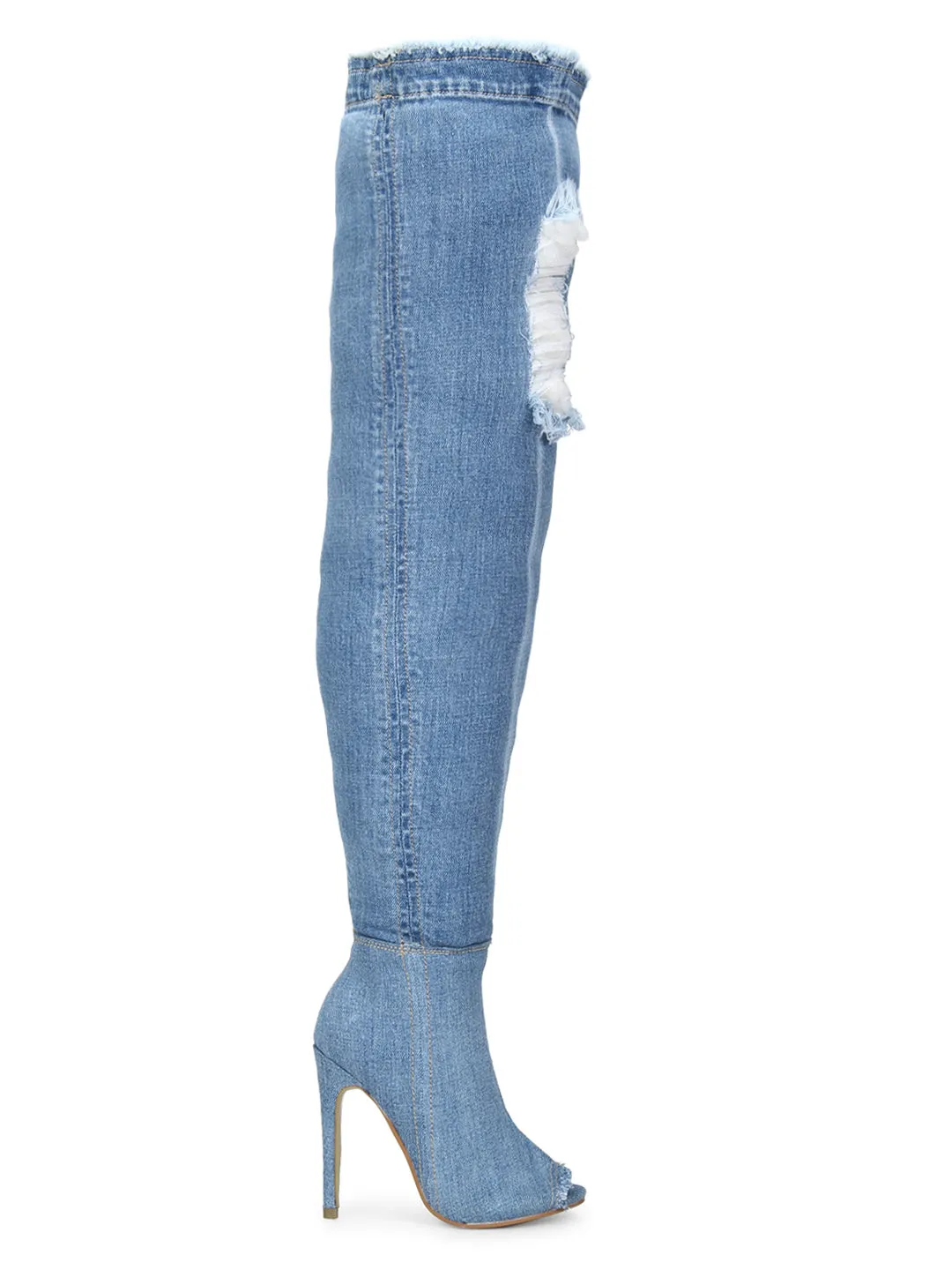 Dark Blue Denim Stiletto Long Boots