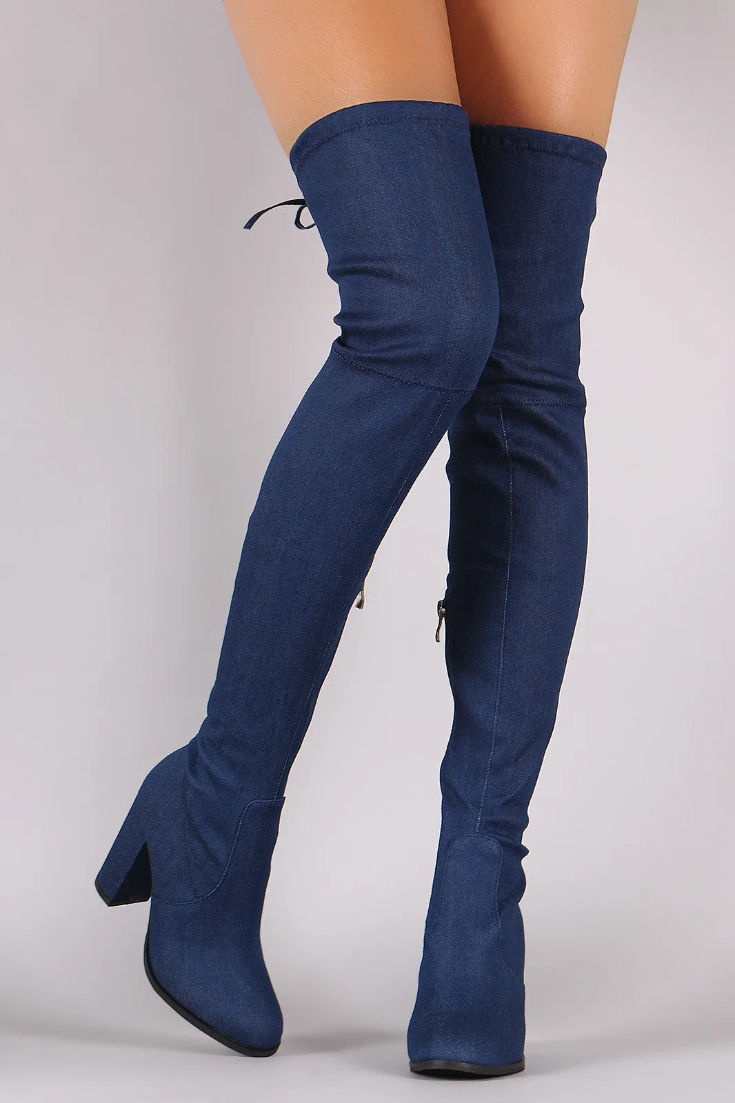 Drawstring-Tie Chunky Heeled Over-The-Knee Fitted Denim Boots