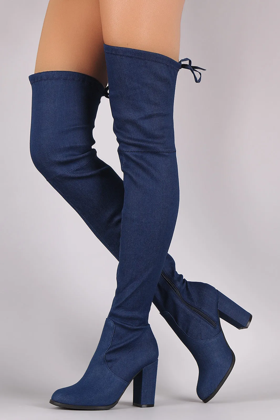 Drawstring-Tie Chunky Heeled Over-The-Knee Fitted Denim Boots