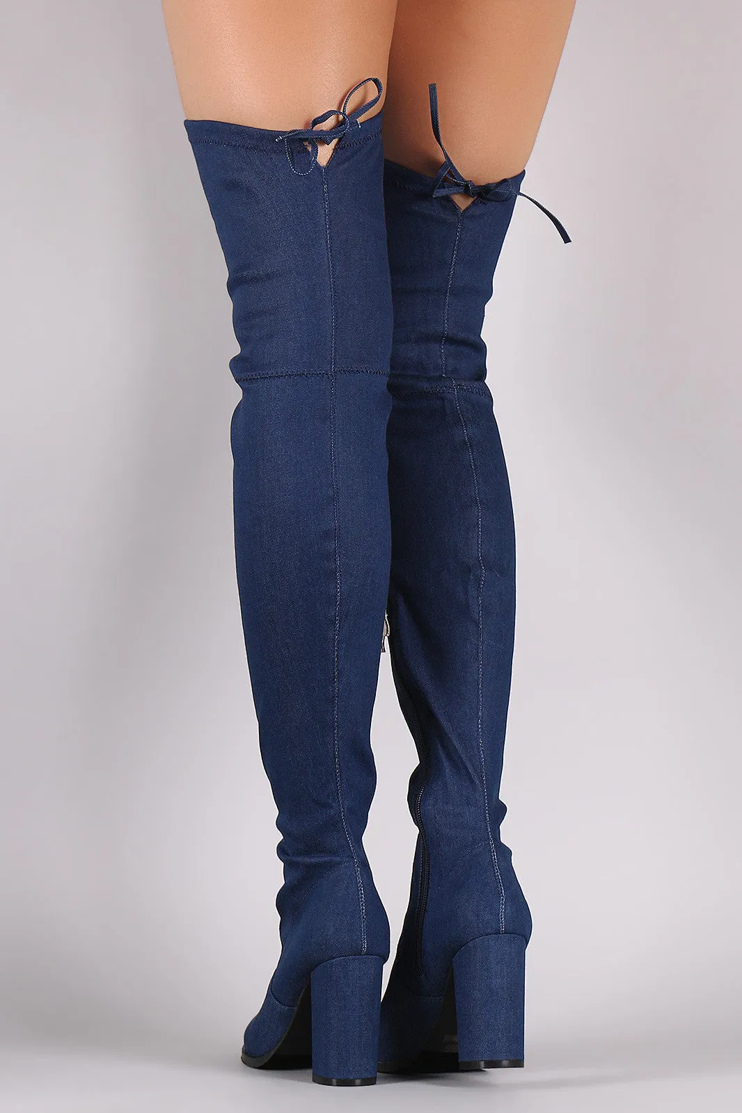 Drawstring-Tie Chunky Heeled Over-The-Knee Fitted Denim Boots