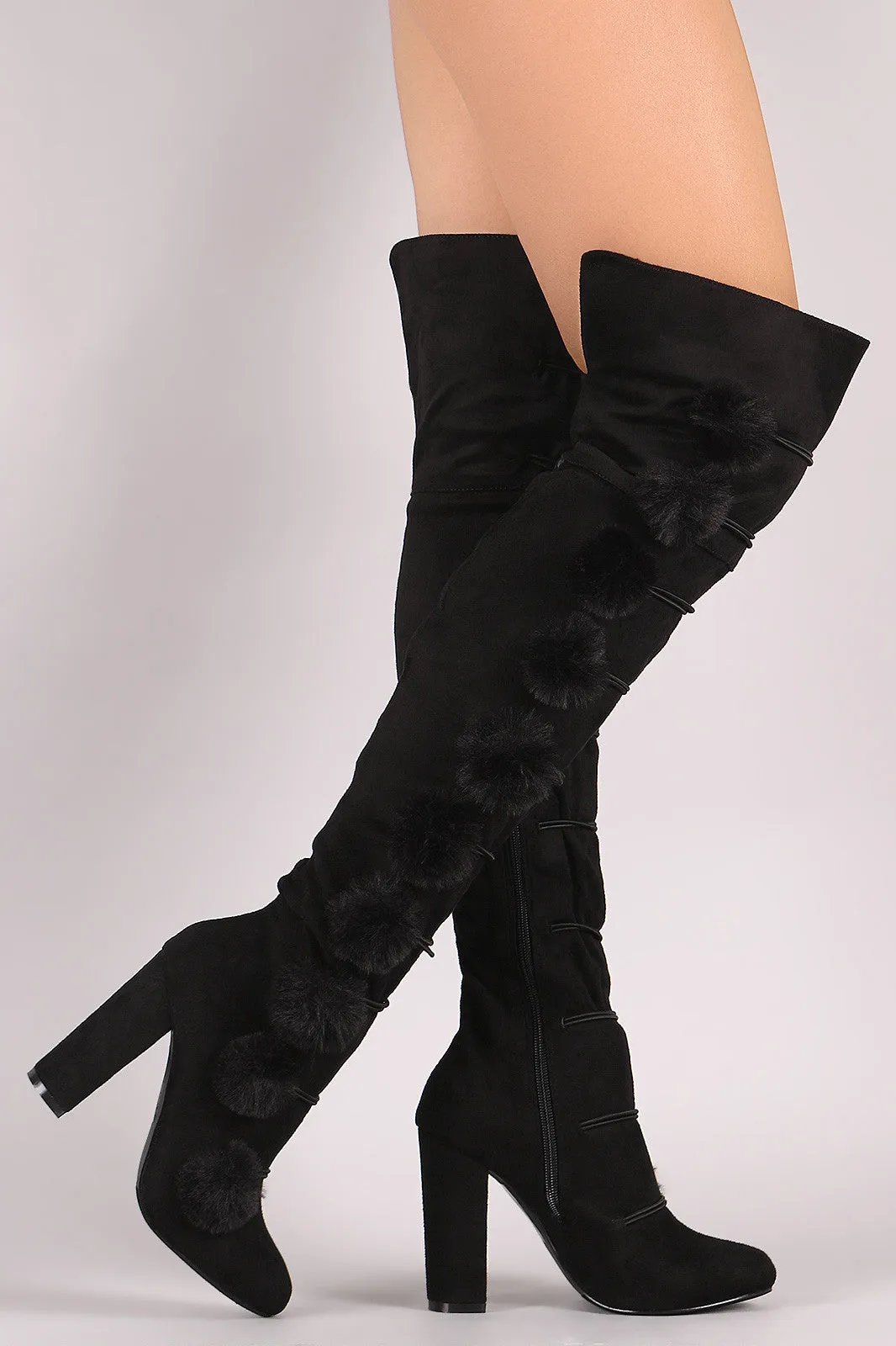 Faux Fur Pom Pom Chunky Heeled Over-The-Knee Suede Boots