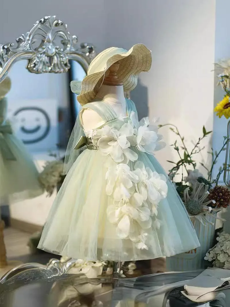 Flower birthday party princess dress for girls Mint Floral Dress-Free hat