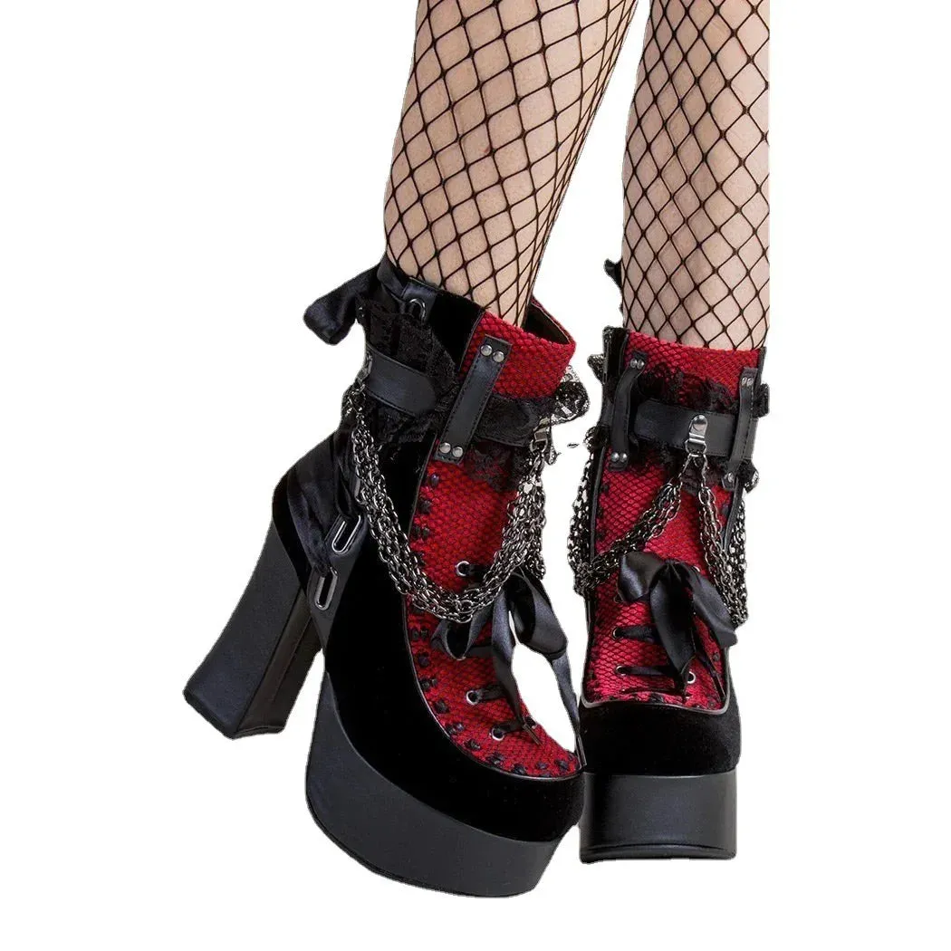 Gothic Style Chain Lace Up Bow Women's Retro Short Boots