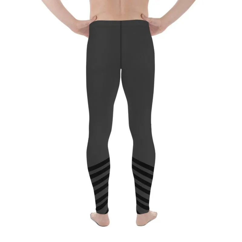 Gray Striped Print Best Meggings, Diagonal Black Stripe Premium Men's Leggings-Made in USA/ EU