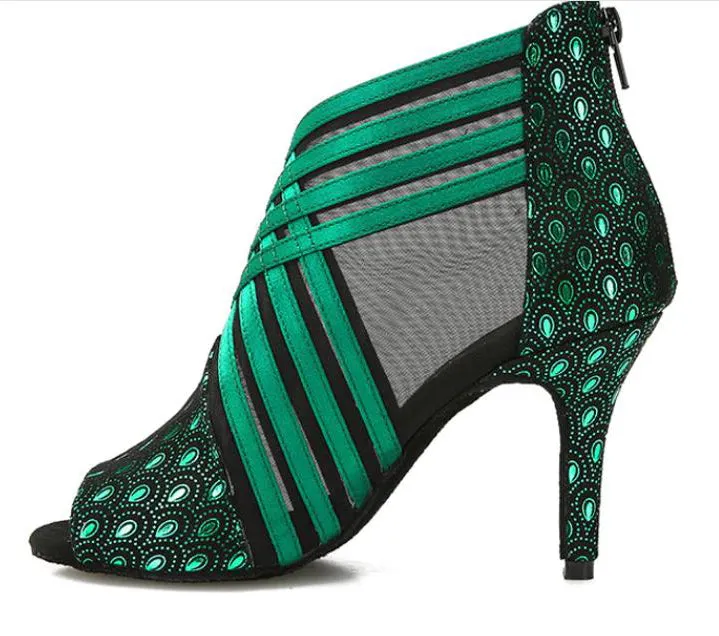 Green Feather Print Ballroom Dance Boots Salsa Bachata Dancing Bootie