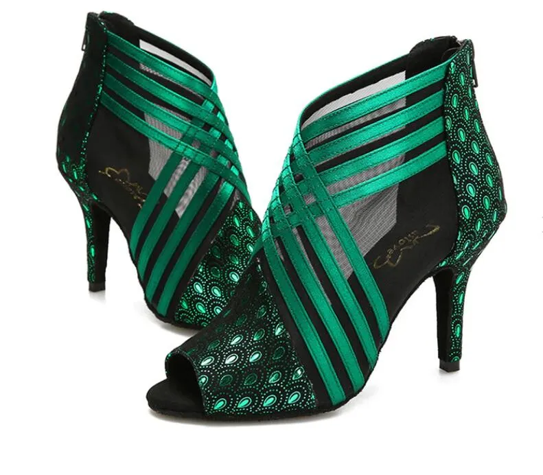 Green Feather Print Ballroom Dance Boots Salsa Bachata Dancing Bootie