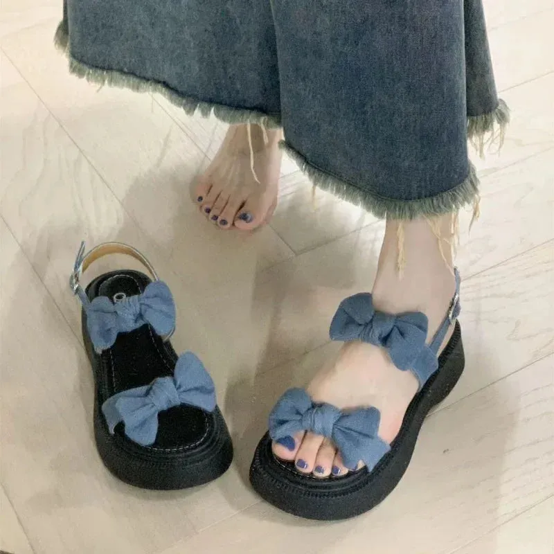 Hnzxzm Women's Shoes Outdoor One Word Sandals for Woman Roman Style Black Bow Footwear Summer 2024 Platform with Free Shipping Offer H