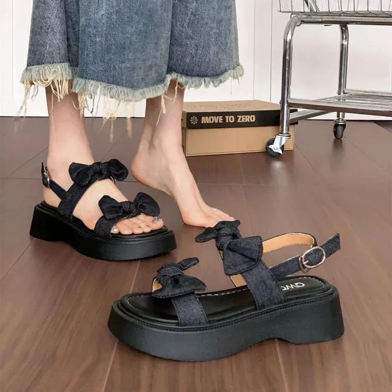 Hnzxzm Women's Shoes Outdoor One Word Sandals for Woman Roman Style Black Bow Footwear Summer 2024 Platform with Free Shipping Offer H