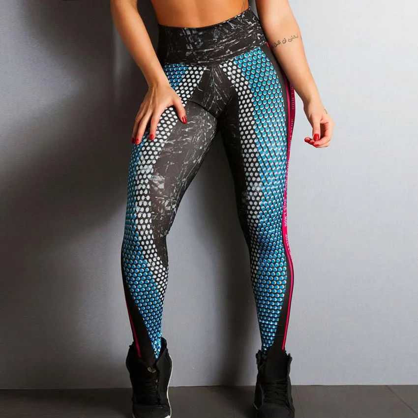 Honeycomb Letter Printed Women Fitness Leggings Skinny High Waist Elastic Push Up Legging Workout Pants Leggins