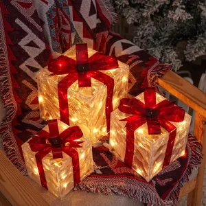 kkboxly Set Of 3 ChristmasLighted Gift Boxes, Transparent Warm White Lighted Christmas Box Decrations, Presents Boxs With Red Bows For Christams Tree, Yard, Home, Christams Outdoor Decoration