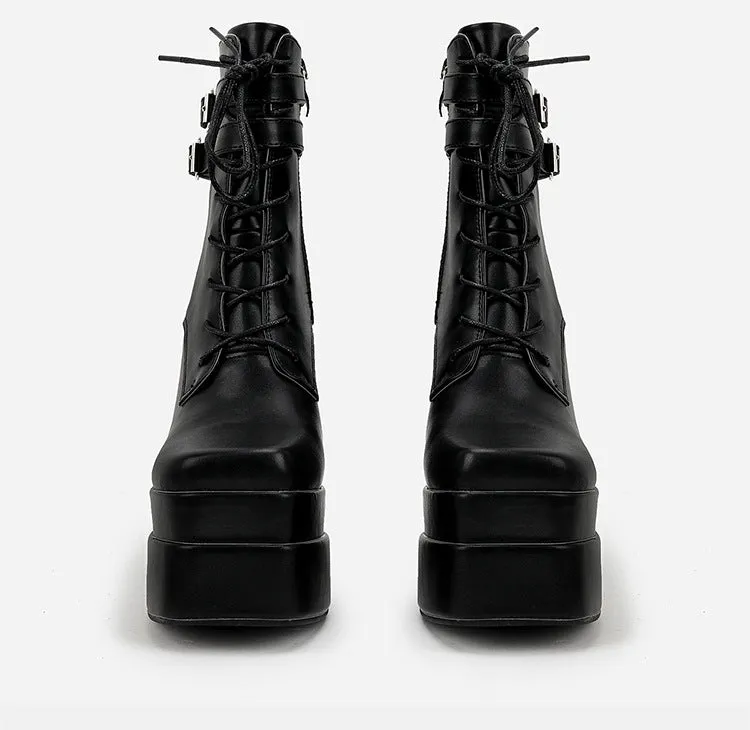 Lace-Up Block Heel Platform Mid-Calf Boots