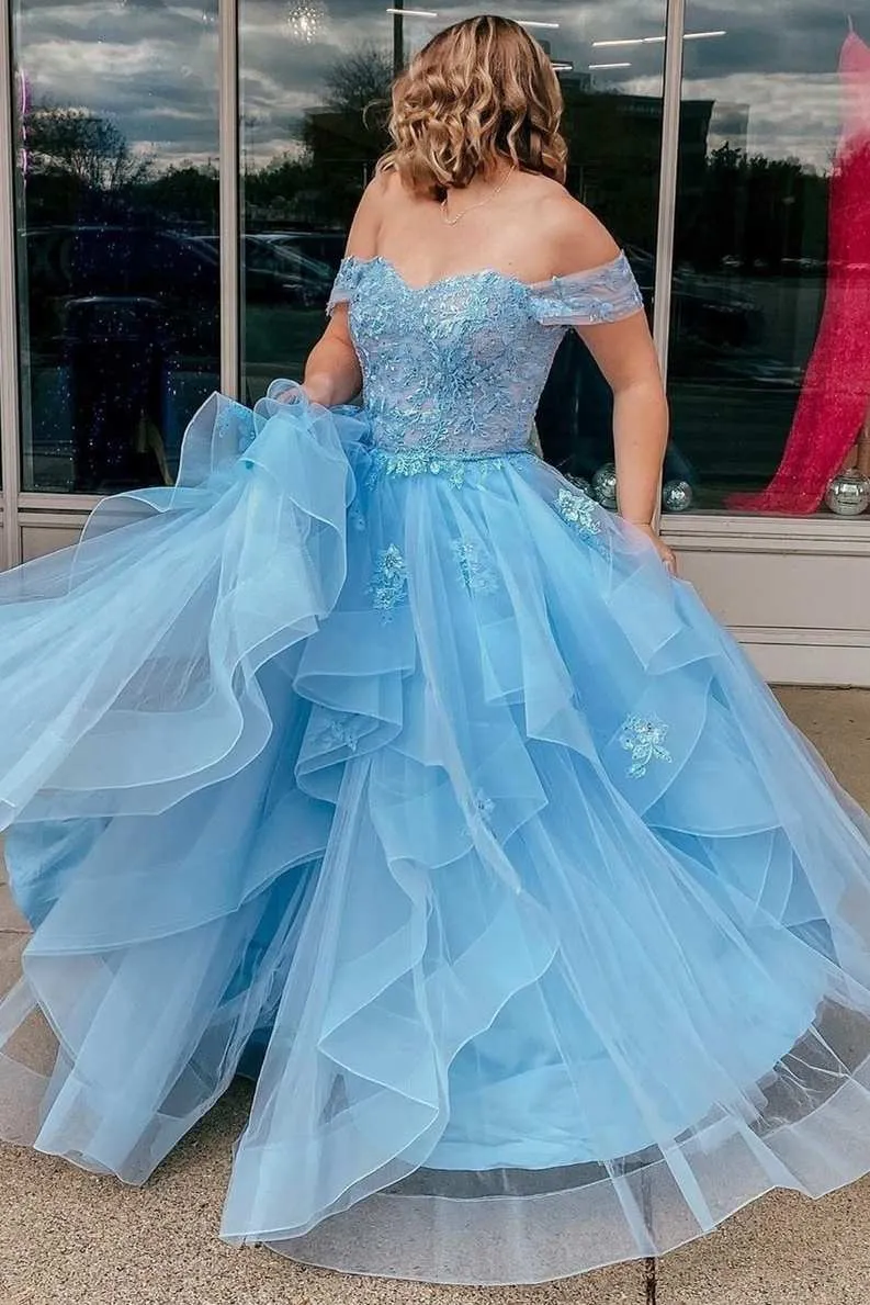 Light Blue Tulle Off-the-Shoulder Tiered A-Line Prom Dress,Graduation Dresses with Ruffles