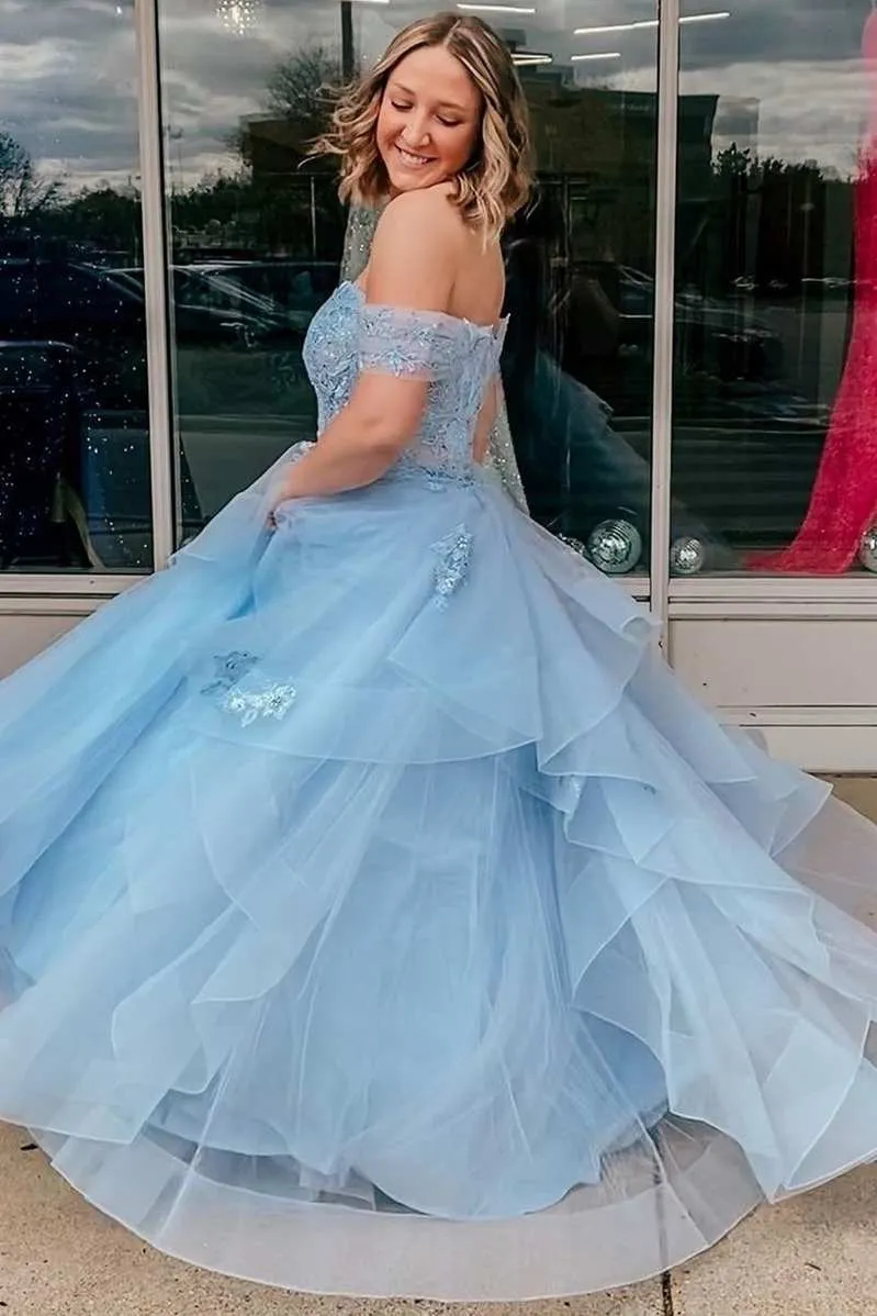 Light Blue Tulle Off-the-Shoulder Tiered A-Line Prom Dress,Graduation Dresses with Ruffles