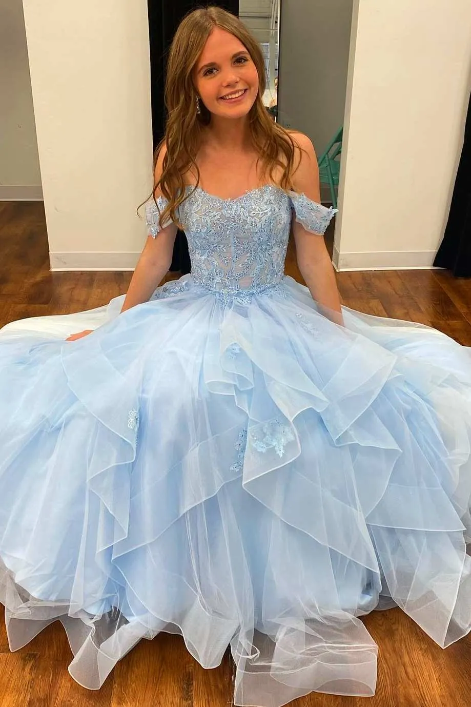 Light Blue Tulle Off-the-Shoulder Tiered A-Line Prom Dress,Graduation Dresses with Ruffles