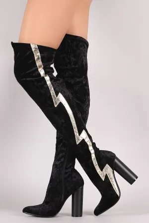 Lightning Bolt Round Heeled Over-The-Knee Velvet Boots