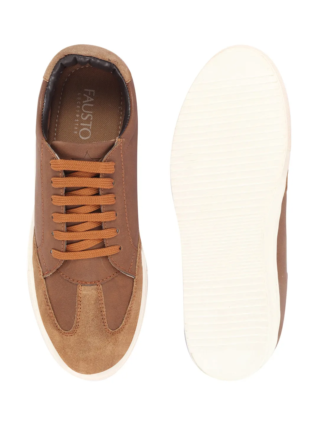 Men Tan Lace-Up Low Top Classic Sneakers Casual Shoes