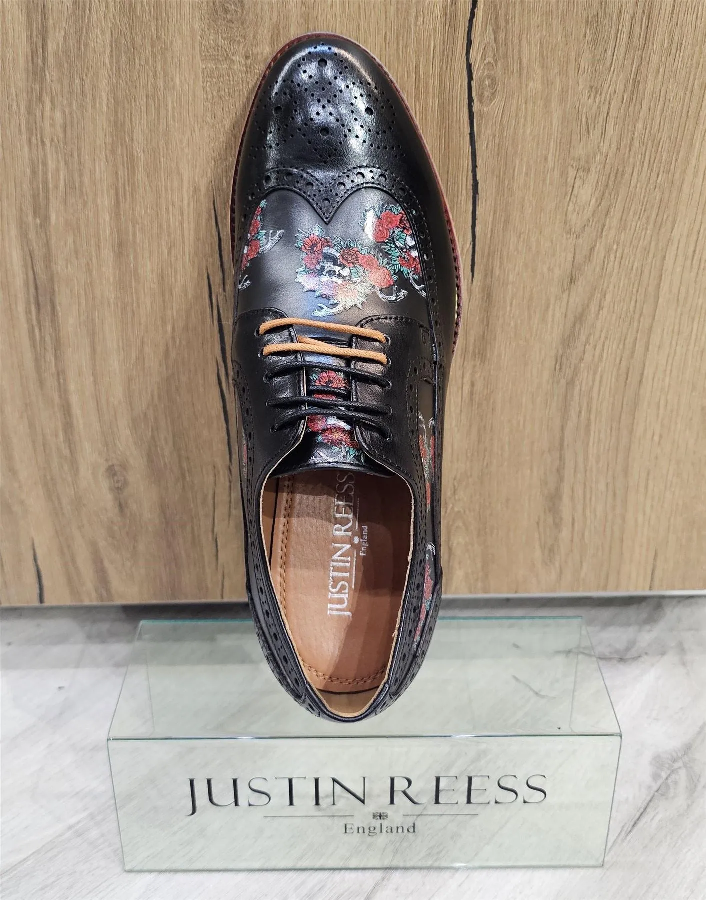 Men's Shoes Black Floral Skull Print Leather Oxford Brogue Lace Up Formal Dress Shoe