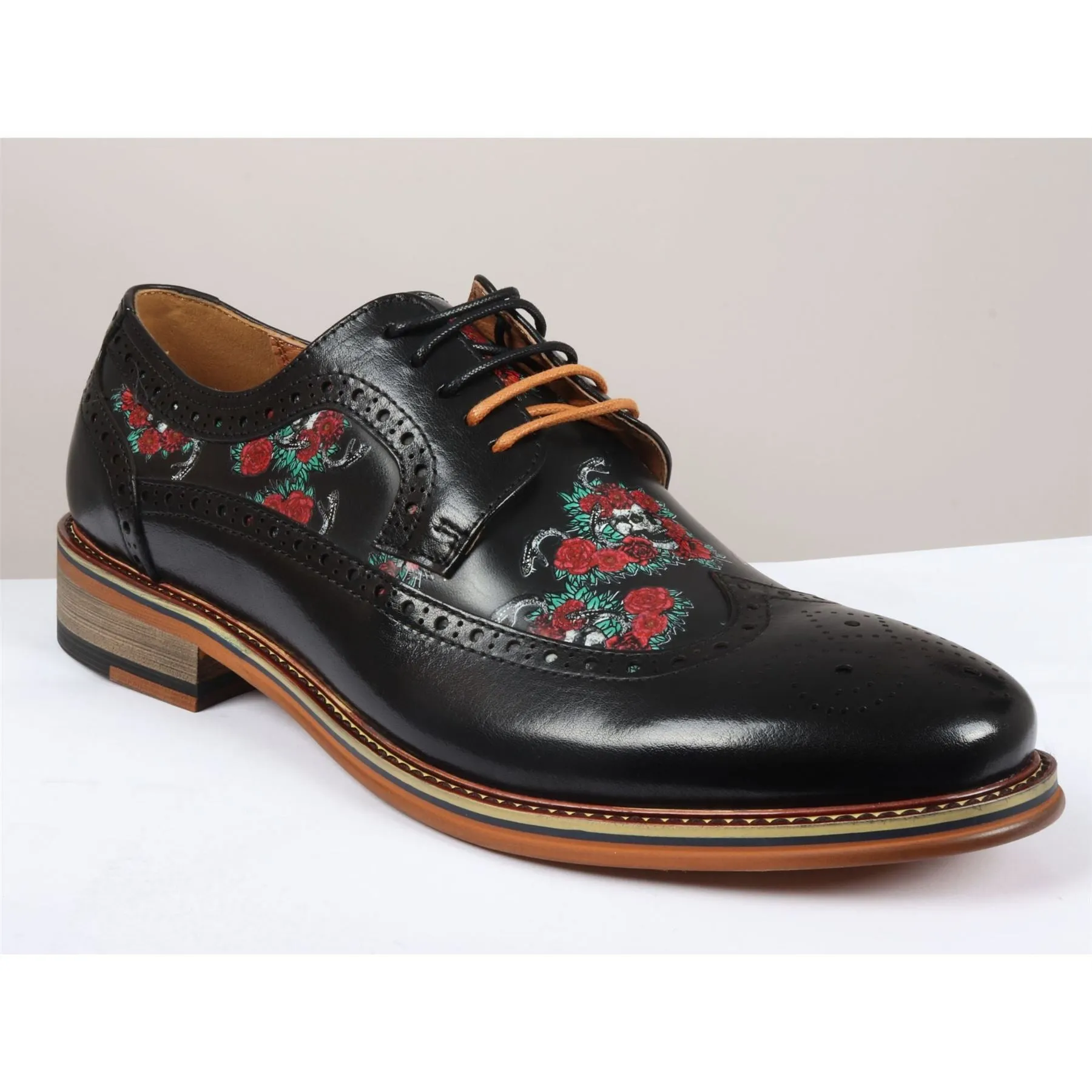 Men's Shoes Black Floral Skull Print Leather Oxford Brogue Lace Up Formal Dress Shoe