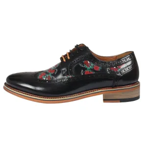 Men's Shoes Black Floral Skull Print Leather Oxford Brogue Lace Up Formal Dress Shoe