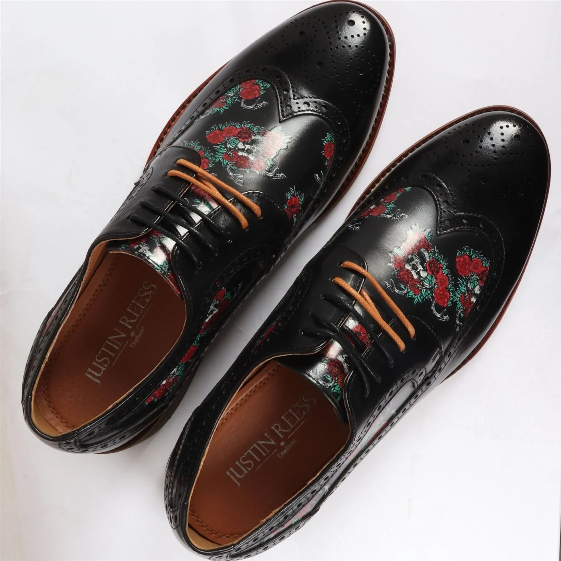 Men's Shoes Black Floral Skull Print Leather Oxford Brogue Lace Up Formal Dress Shoe