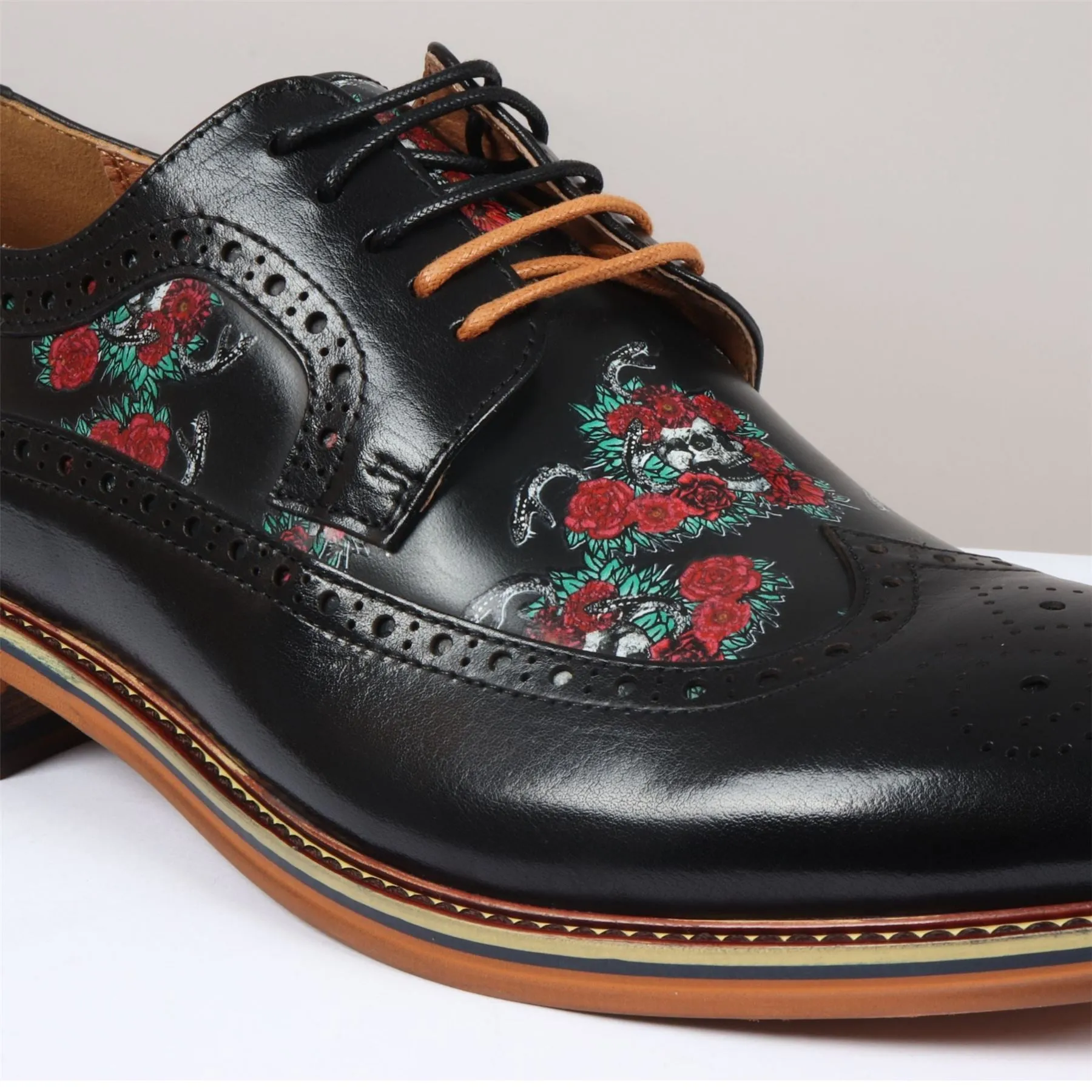 Men's Shoes Black Floral Skull Print Leather Oxford Brogue Lace Up Formal Dress Shoe