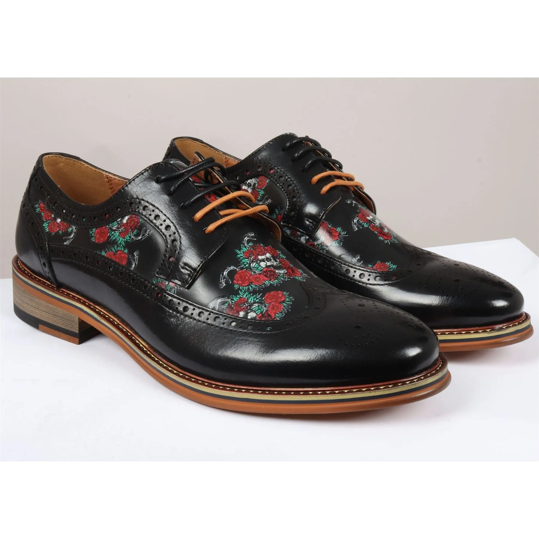 Men's Shoes Black Floral Skull Print Leather Oxford Brogue Lace Up Formal Dress Shoe