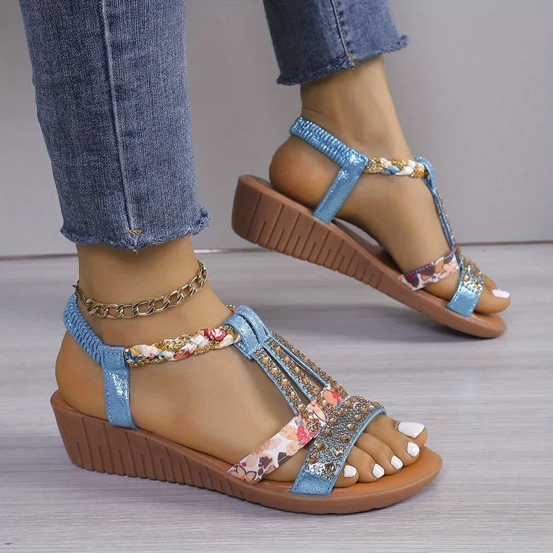 Mid Heel Womens Boho Wedge Sandals - Soft Rhinestone Embellished Fabric Upper, Elastic Slip-on Design, Comfortable Microfiber Synthetic Leather Insole, Rubber Sole, Open Toe - Perfect for Elegant Vacation and Outdoor Walking