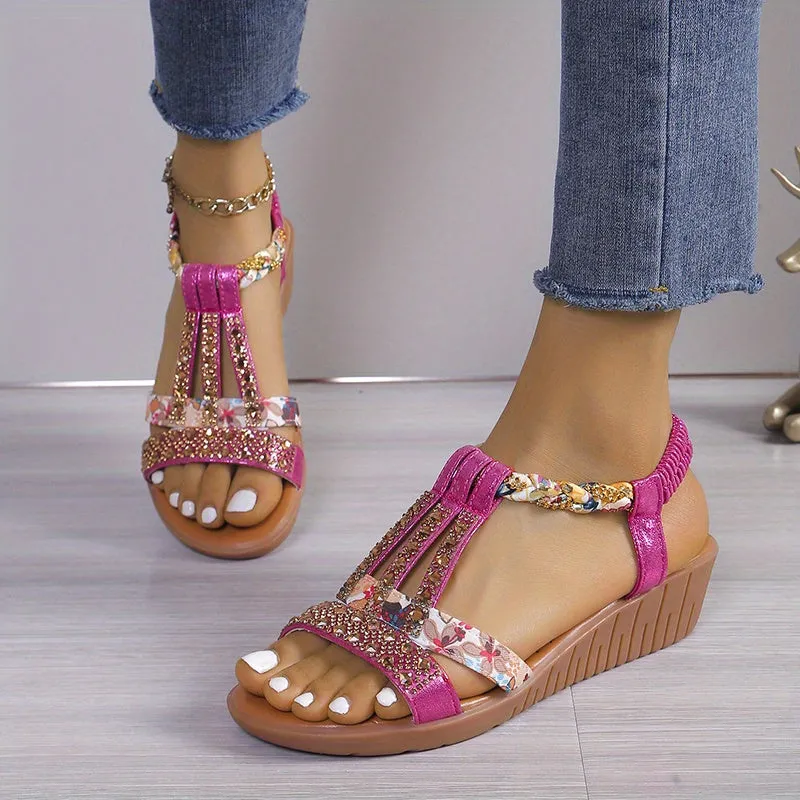 Mid Heel Womens Boho Wedge Sandals - Soft Rhinestone Embellished Fabric Upper, Elastic Slip-on Design, Comfortable Microfiber Synthetic Leather Insole, Rubber Sole, Open Toe - Perfect for Elegant Vacation and Outdoor Walking